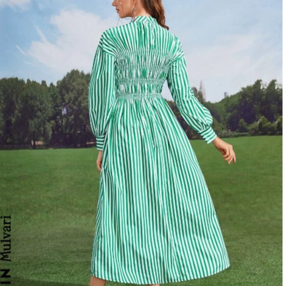 SHEIN Mulvari Vertical Striped Mock Neck Lantern Sleeve Dress Multicolor - Picture 8 of 8